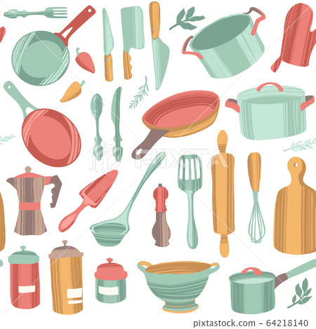 Kitchenware and utensils. Cooking flat hand drawn seamless pattern. Kitchenware and utensils. Cooking flat hand drawn seamless pattern. 64218140