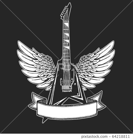 Vector rock guitar with wings. Print for poster, tattoo, tee shirt. Online musical education. Internet guitar lessons. 64218811
