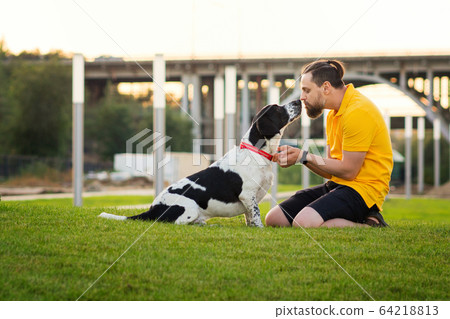 Man walking a dog 64218813