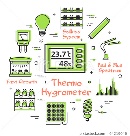Vector concept of hydroponic and growth led light - thermo hygrometer 64219046