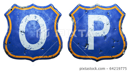 Set of Public road signs in blue and orange color with a capitol white letters O, P in the center isolated white background. 3d 64219775