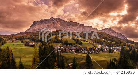 Sunny colorful autumn alpine Dolomites mountain scene, Sudtirol, Italy. Peaceful view from alpine path road. Sunny colorful autumn alpine Dolomites mountain scene, Sudtirol, Italy. Peaceful view from alpine path road. 64219939