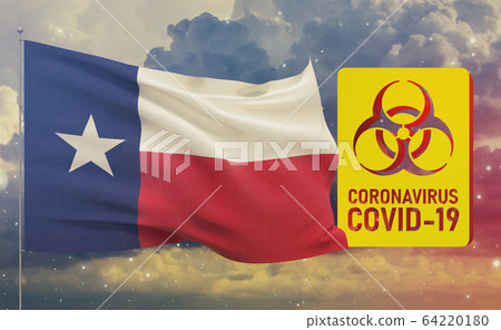 COVID-19 Visual concept - Coronavirus COVID-19 biohazard sign with flags of the states of USA. State of Texas flag. Pandemic stop Novel Coronavirus outbreak covid-19 3D illustration. COVID-19 Visual concept - Coronavirus COVID-19 biohazard sign with flags of the states of USA. State of Texas flag. Pandemic stop Novel Coronavirus outbreak covid-19 3D illustration. 64220180