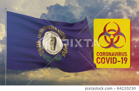 COVID-19 Visual concept - Coronavirus COVID-19 biohazard sign with flags of the states of USA. State of Kentucky flag. Pandemic stop Novel Coronavirus outbreak covid-19 3D illustration. COVID-19 Visual concept - Coronavirus COVID-19 biohazard sign with flags of the states of USA. State of Kentucky flag. Pandemic stop Novel Coronavirus outbreak covid-19 3D illustration. 64220230