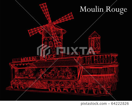Moulin Rouge in red colors on black background 64222826