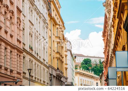 Colorful buildings and Spilberk Castle in Brno, Czech Republic 64224516