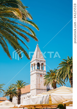 Trogir seaside street with tropical palm trees at summer in Trogir, Croatia 64225519