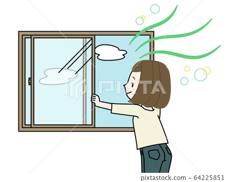 Woman opening a window and ventilating 64225851