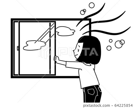 Woman opening window and ventilating-black and white 64225854