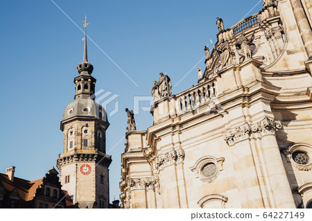 Hausmannsturm and Katholische Hofkirche, old architecture in Dresden, Germany Hausmannsturm and Katholische Hofkirche, old architecture in Dresden, Germany 64227149
