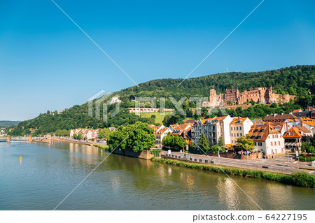 Heidelberg castle and river in Germany 64227195