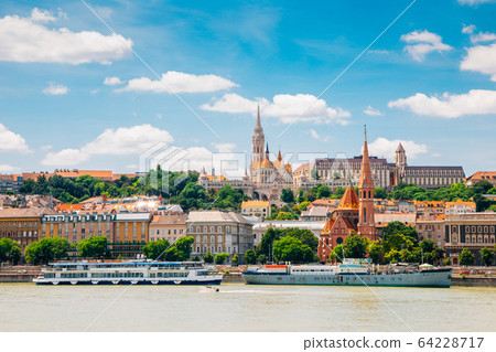 Buda district Fisherman's Bastion and St. Matthias Church with Danube river in Budapest, Hungary 64228717