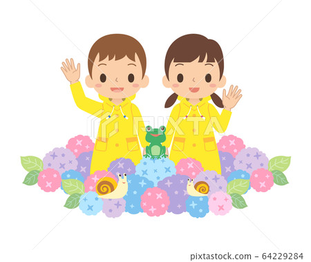 Rainy season rain kid hydrangea frog snail 64229284