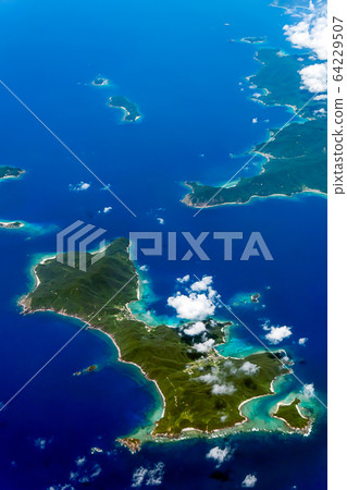 Amami Islands Okejima and Suko Shigeri Kakeroma Island Aerial View Sunny Day Coral Reef Vertical 64229507