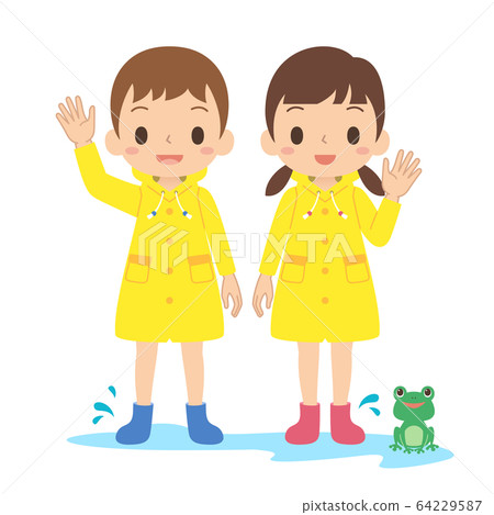 The rainy season, children wearing raincoats, frogs, puddles, whole body 64229587