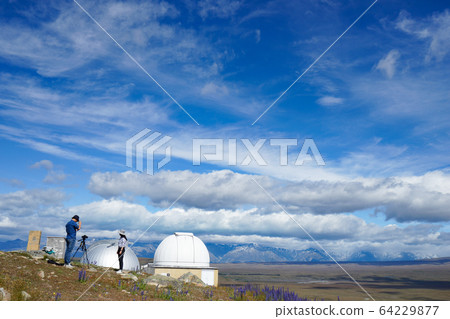 New Zealand blue sky and Mount John Observatory 64229877