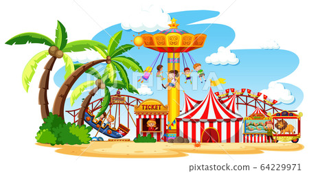 Themepark scene with many rides and happy children - Stock Illustration ...