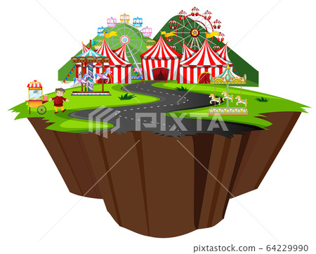 Scene with circus tent and many rides along the - Stock Illustration ...