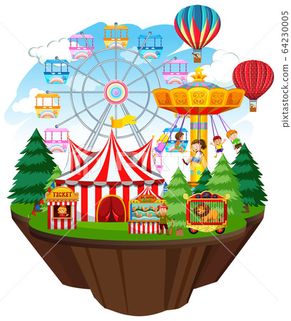 Themepark scene with many rides on the island 64230005