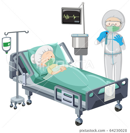 Hospital scene with sick patient in bed on white 64230028