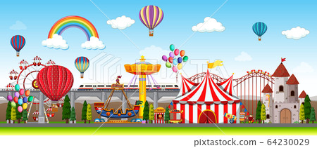 Themepark scene with many rides at day time - Stock Illustration ...