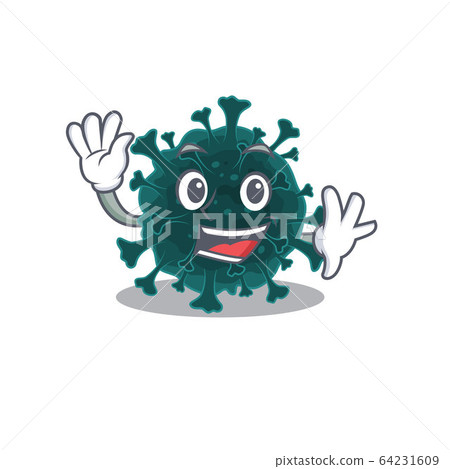Smiley coronavirus COVID 19 cartoon mascot design with waving hand Smiley coronavirus COVID 19 cartoon mascot design with waving hand 64231609