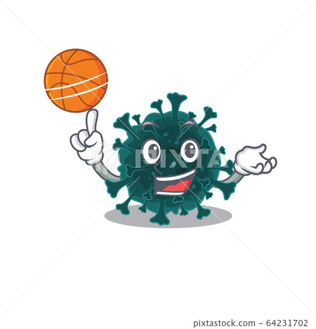 A sporty coronavirus COVID 19 cartoon mascot design playing basketball A sporty coronavirus COVID 19 cartoon mascot design playing basketball 64231702