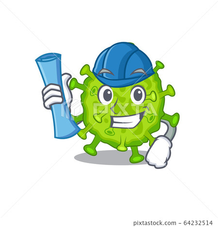 Smiling Architect of virus corona cell having blue prints and blue helmet Smiling Architect of virus corona cell having blue prints and blue helmet 64232514
