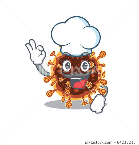 Cute gamma coronavirus cartoon character wearing white chef hat Cute gamma coronavirus cartoon character wearing white chef hat 64233215