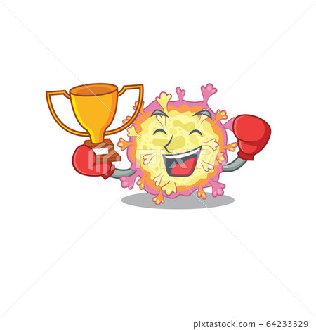 Happy face of boxing winner coronaviridae virus in mascot design style 64233329