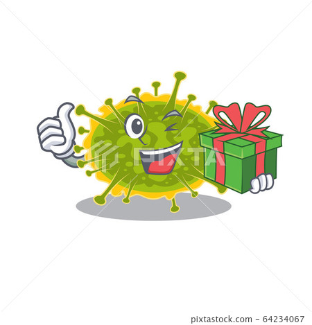 Smiling insthoviricetes cartoon character having a green gift box 64234067