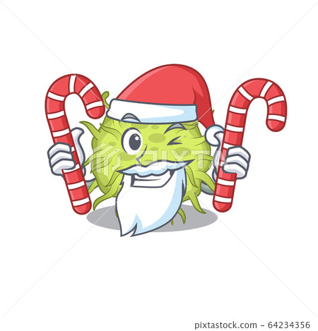 Friendly bacteria coccus in Santa Cartoon character holds Christmas candies 64234356