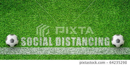 Two soccer balls put on green artificial grass that keeping distance for social distancing campaign. 64235298