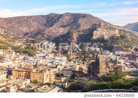 Amer district of Jaipur in the hills, aerial view, India 64238000