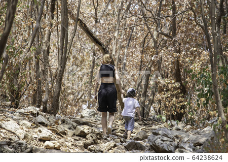 The image behind Mother shakes hands with son walking on a rock walkway Background dry tree 64238624