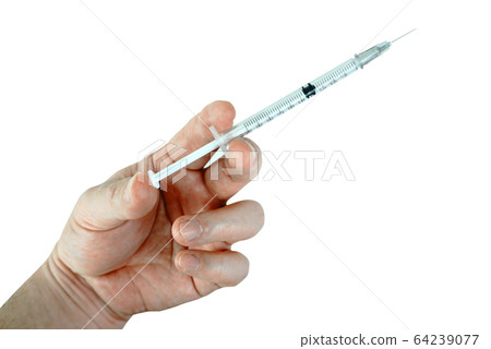 Hypodermic syringe on doctor 's hand with white background , picture have clipping path. Hypodermic syringe on doctor 's hand with white background , picture have clipping path. 64239077