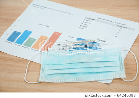 Mask virus protection with injection and thermometer on document report , medical business concept. Mask virus protection with injection and thermometer on document report , medical business concept. 64240398