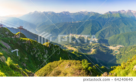 Panoramic view in the summer sunset to the ski resort Rosa Khutor Panoramic view in the summer sunset to the ski resort Rosa Khutor 64240640