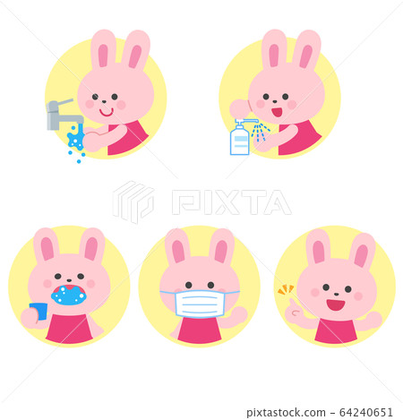 兔子洗手,消毒,漱口,口罩疾病預防圖標集 兔子洗手,消毒,漱口,口罩疾病預防圖標集 64240651