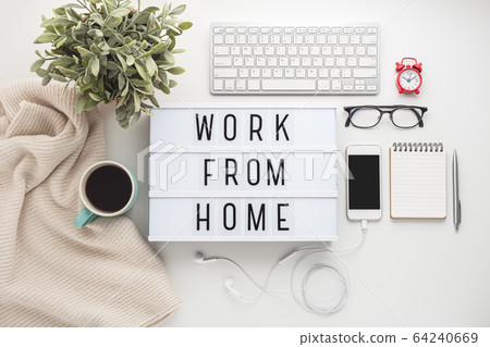Work from home concept with working stuff on white Work from home concept with working stuff on white 64240669