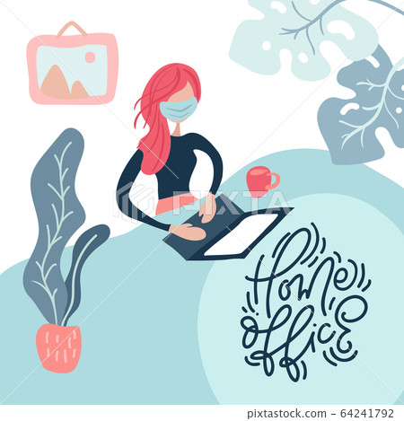 Woman working with her laptop wearing medical mask 64241792