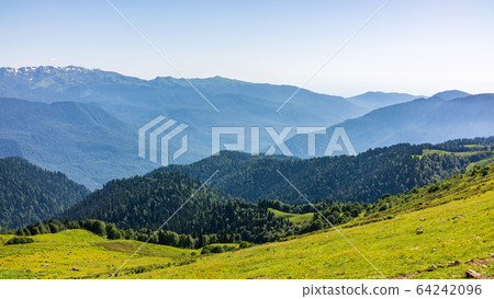 View over the Green Valley, surrounded by high mountains 64242096