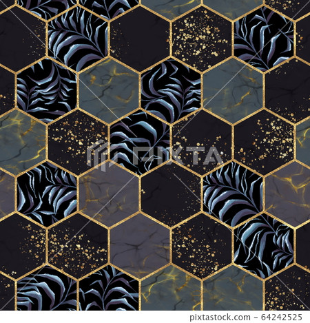 Marble hexagon seamless pattern with tropical leaves 64242525