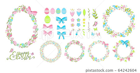Set of hand drawn isolated vector elements in positive spring colors. Clip art for Easter design. Flowers, leaves, butterflies in doodle style. Decorated painted eggs. Floral frames with bow, ribbons 64242604
