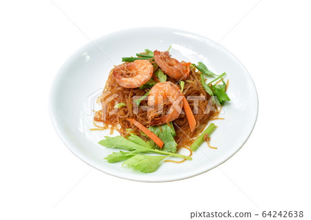 baked glass noodles with slice carrot and celery topping shrimp on plate baked glass noodles with slice carrot and celery topping shrimp on plate 64242638