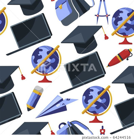 Graduation hat, pen and laptop with globe seamless pattern 64244516