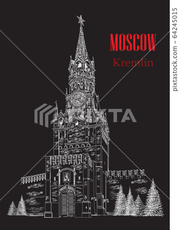 Spasskaya Tower of Kremlin monochrome vector hand 64245015
