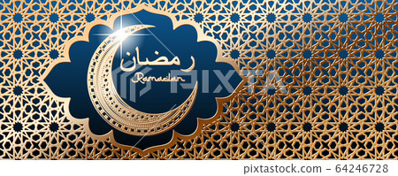 Luxury Golden ornamental half moon and Ramadan arabic text in golden frame with girih traditional ornament on blue background website header template. Arabic text translation Ramadan Luxury Golden ornamental half moon and Ramadan arabic text in golden frame with girih traditional ornament on blue background website header template. Arabic text translation Ramadan 64246728