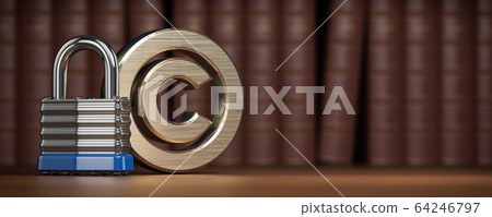 Copyright symbol with padlock on law books 64246797