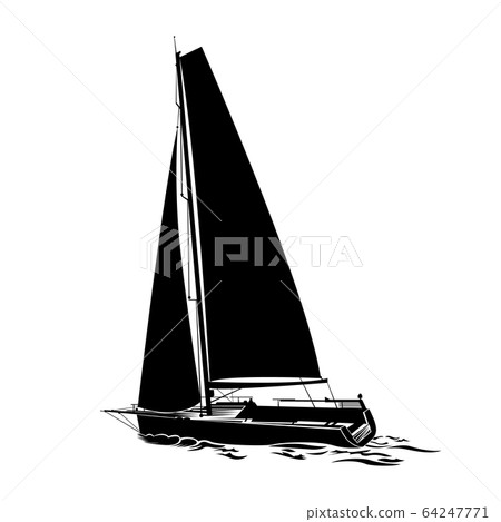 Sailing yacht sails on waves of silhouette 64247771